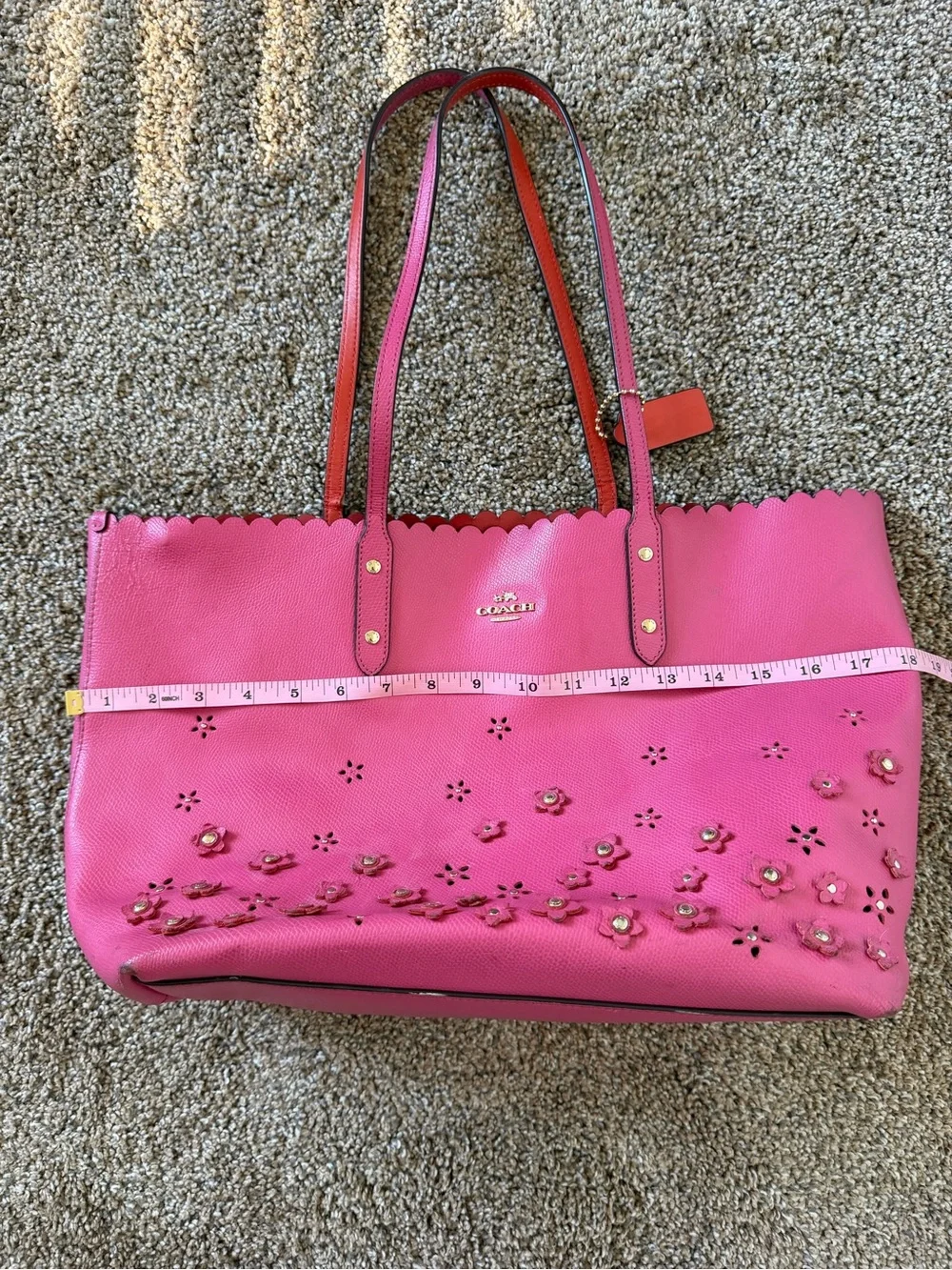 COACH Metro Fuschia Leather Tote w/ Floral Embellishments and Scalloped Top Edge